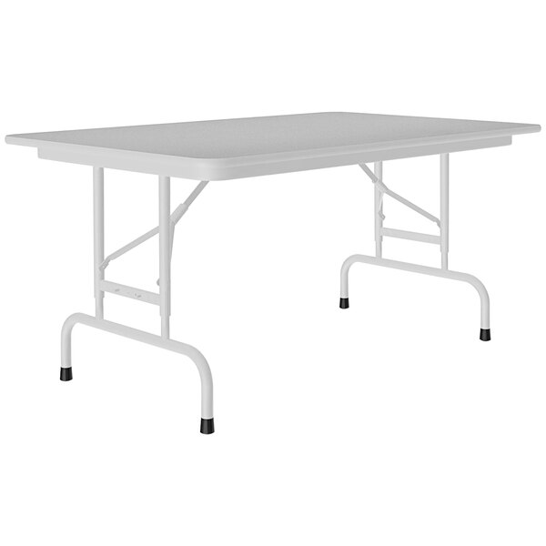 A gray rectangular Correll folding table with a gray frame.