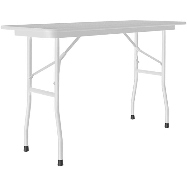 A gray rectangular Correll folding table with gray legs.