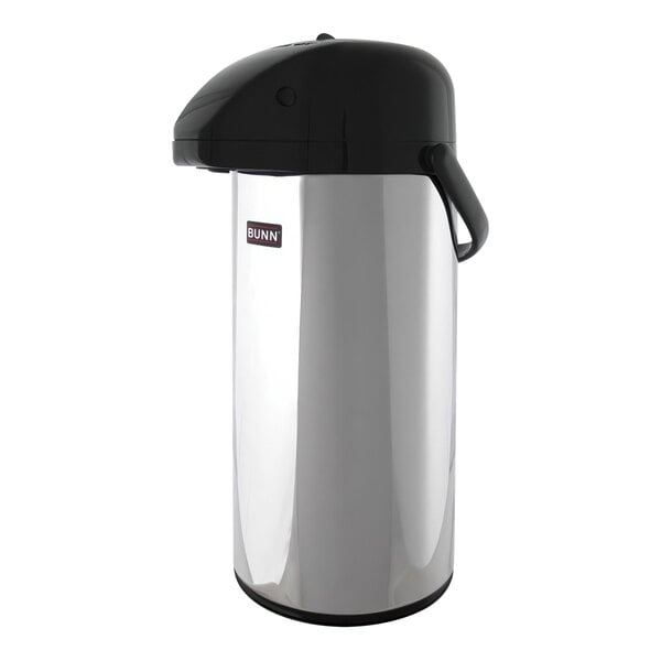 A silver and black Bunn glass lined vacuum airpot with a black lid.