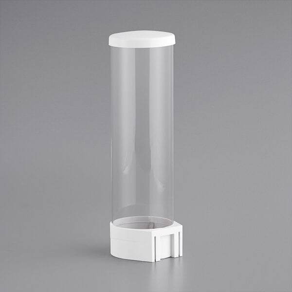 A clear plastic cylinder with a white base and lid.