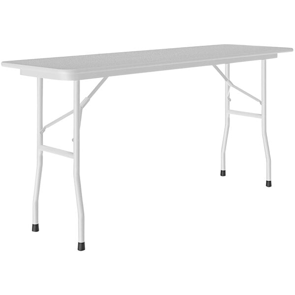 A gray rectangular Correll folding table with gray legs.