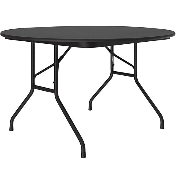 A black Correll round folding table with metal legs.