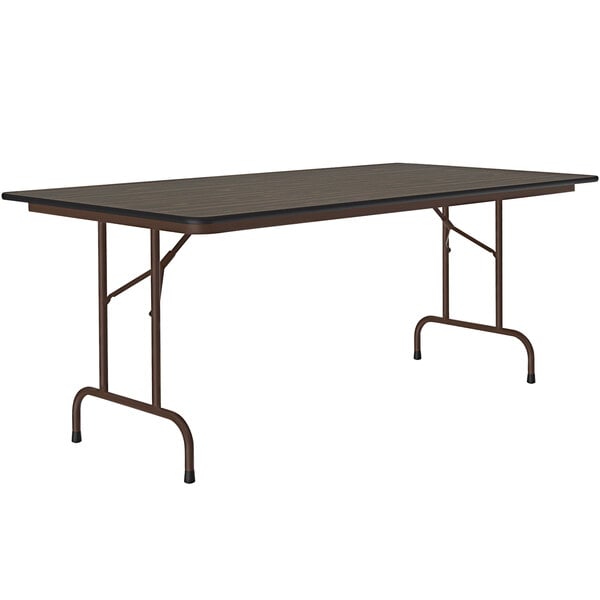 A Correll rectangular folding table with a walnut wood top and brown metal frame.