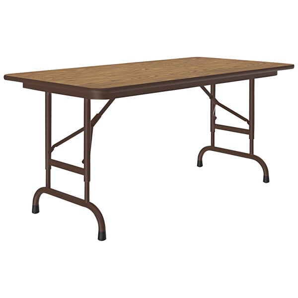 A brown rectangular Correll folding table with a brown metal frame.