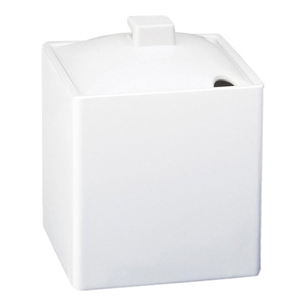 A white, square melamine jar with a notched lid.