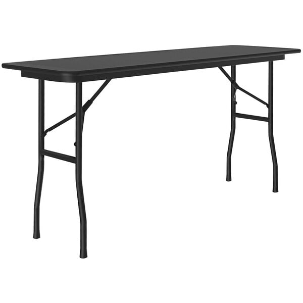 A black rectangular Correll folding table with metal legs.