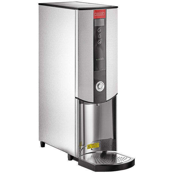 A silver and black Grindmaster hot water dispenser with LCD screen.