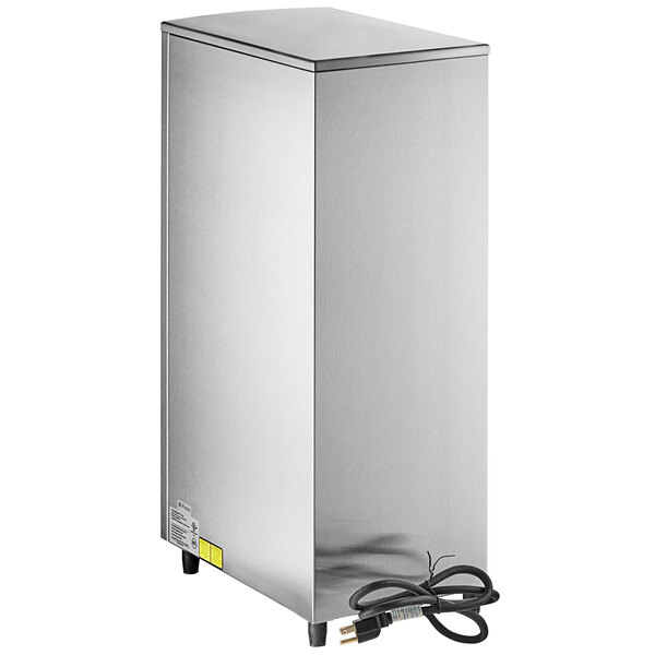 A silver rectangular stainless steel Grindmaster hot water dispenser with a black cord.