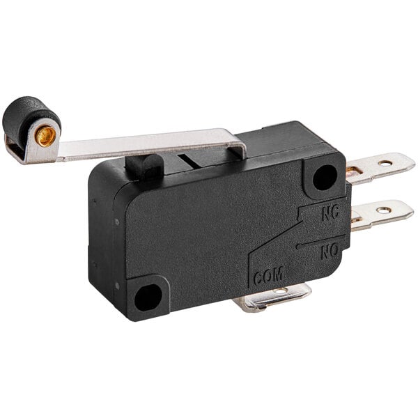 A black micro switch with a metal lever.