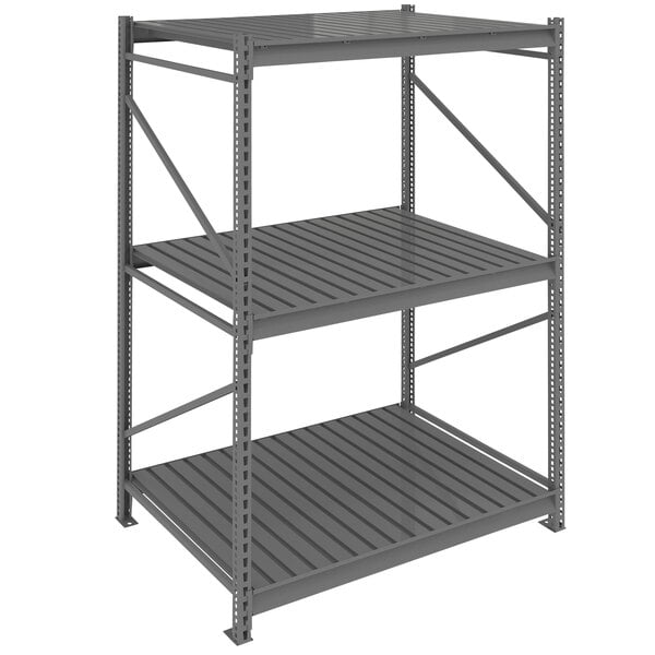 A dark gray metal Tennsco boltless shelving unit with three shelves.