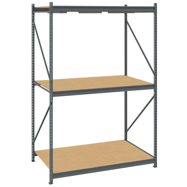 A Tennsco dark gray metal boltless shelving unit with two shelves.