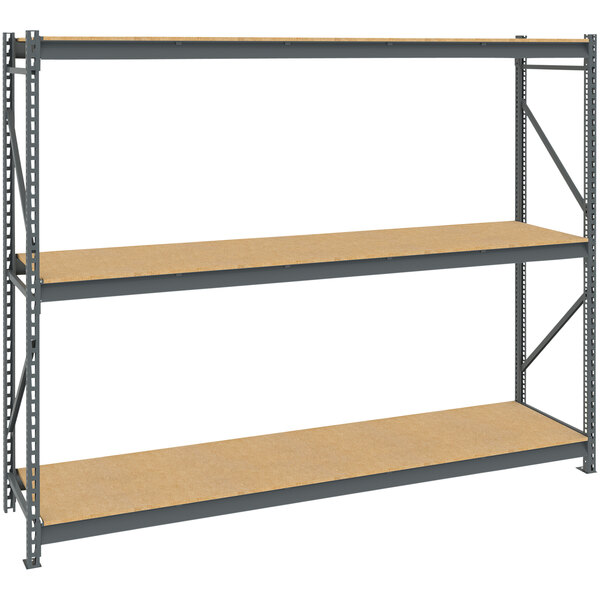 A Tennsco dark gray metal bulk shelving unit with wood shelves.