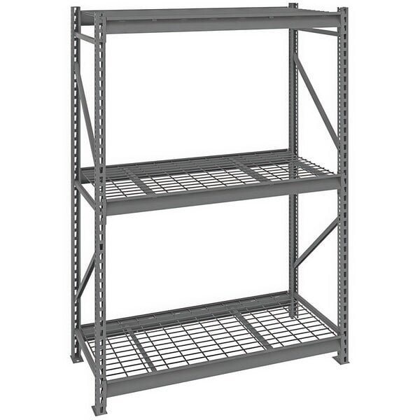 A dark gray metal Tennsco boltless shelving unit with wire decking on three shelves.