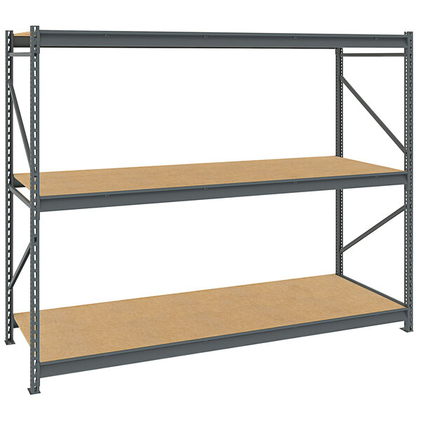 A Tennsco dark gray metal boltless shelving unit with particleboard shelves.