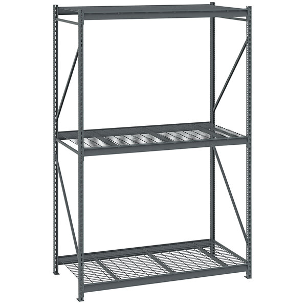 A dark gray metal Tennsco boltless shelving unit with wire decking.