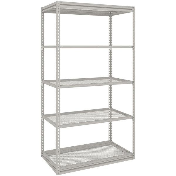 A light grey Tennsco boltless steel shelving unit with five perforated shelves.