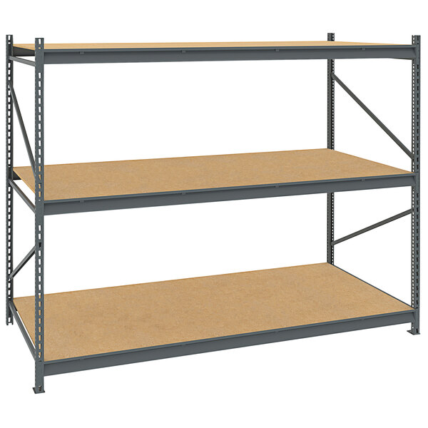 A dark gray metal Tennsco boltless shelving unit with wood shelves.