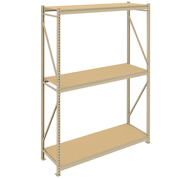 A Tennsco tan metal boltless shelving unit with two particleboard shelves.