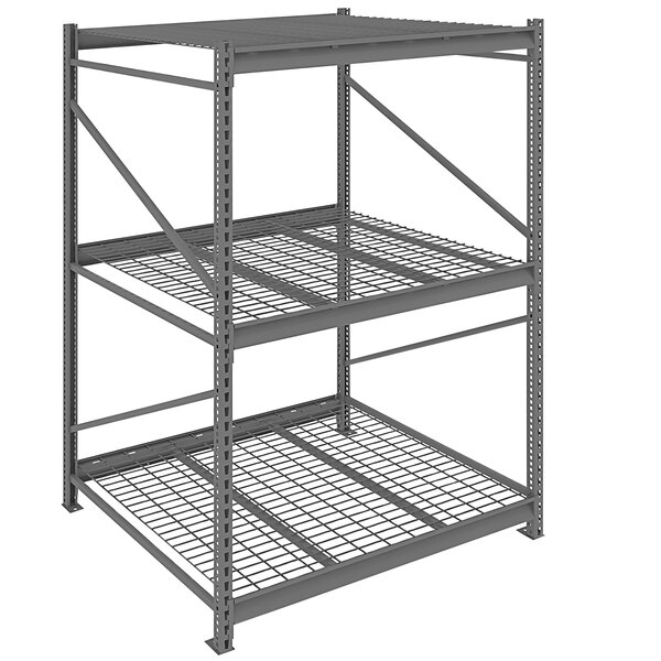 A dark grey metal Tennsco bulk storage rack unit with wire shelves.