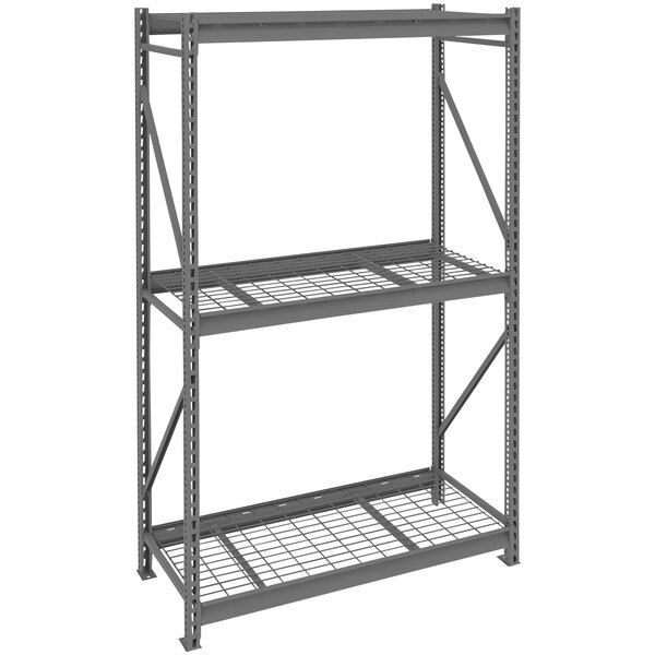 A dark grey Tennsco metal boltless shelving unit with wire decking.