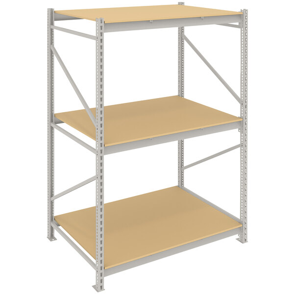 A Tennsco light gray metal bulk storage rack unit with two shelves.