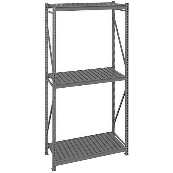 A dark gray metal Tennsco bulk shelving unit with corrugated shelves.