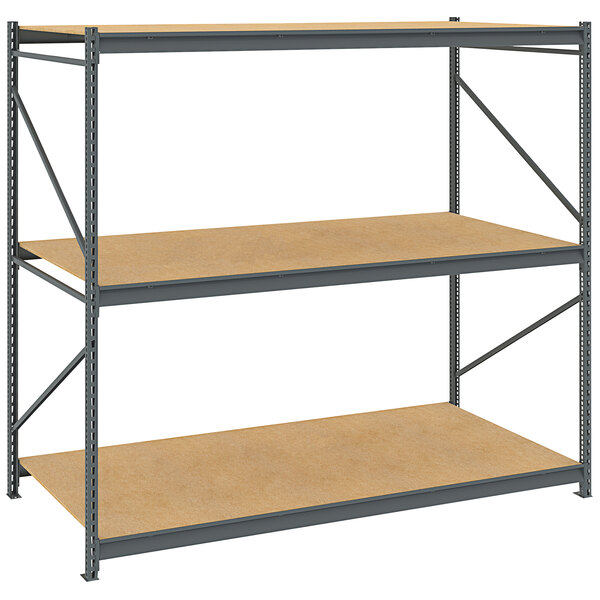 A metal boltless shelving unit with wood shelves.