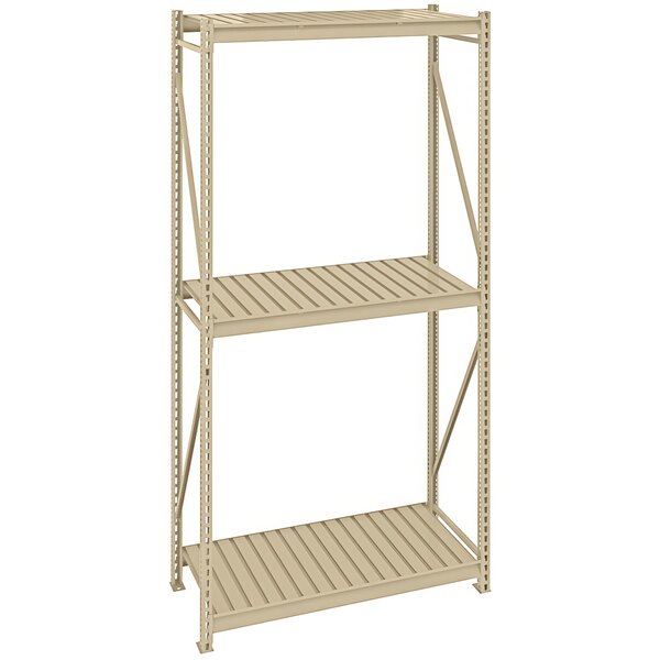 A beige Tennsco boltless shelving unit with corrugated metal decking.