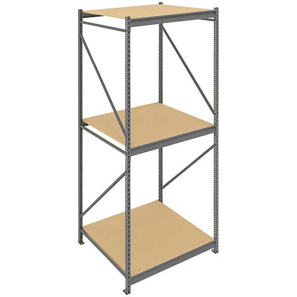 A Tennsco dark gray metal boltless shelving unit with particleboard decking on two shelves.