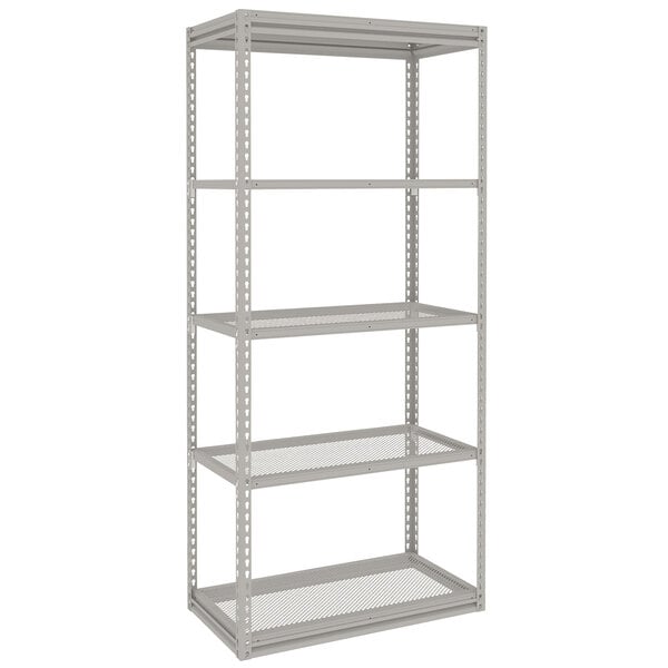A light grey Tennsco boltless steel shelving unit with five perforated shelves.