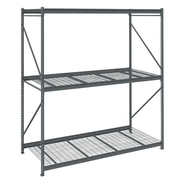 A dark gray Tennsco metal bulk storage rack unit with wire decking.