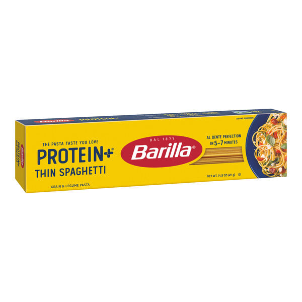 A yellow box of Barilla Protein+ Thin Spaghetti pasta with a red and white logo.