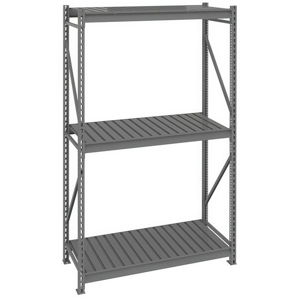 A dark gray metal Tennsco shelving unit with three shelves.