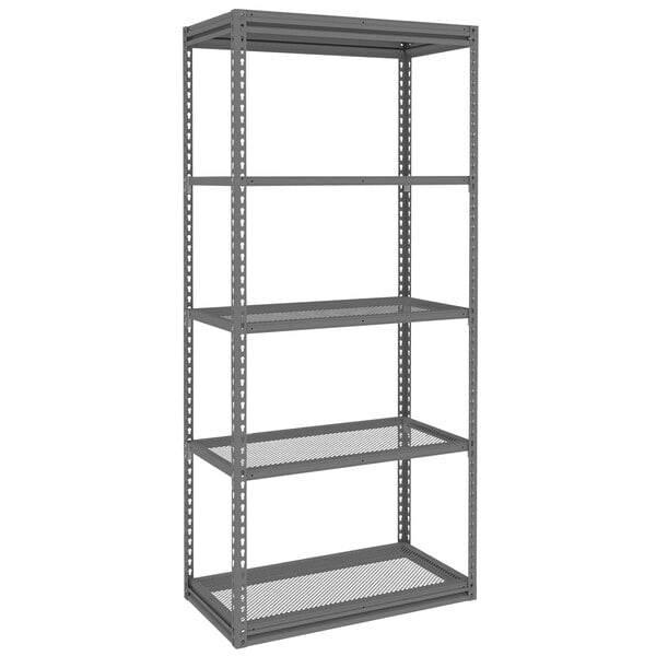 A Tennsco dark grey steel shelving unit with 5 perforated shelves.
