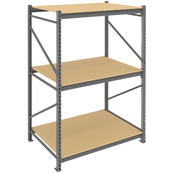 A Tennsco metal boltless shelving unit with two particleboard shelves and a tan metal top.