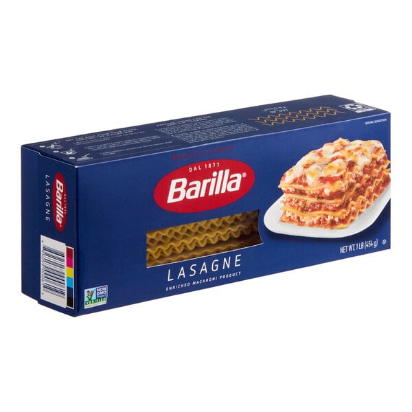 A box of Barilla wavy lasagna noodles weighing 1 pound.