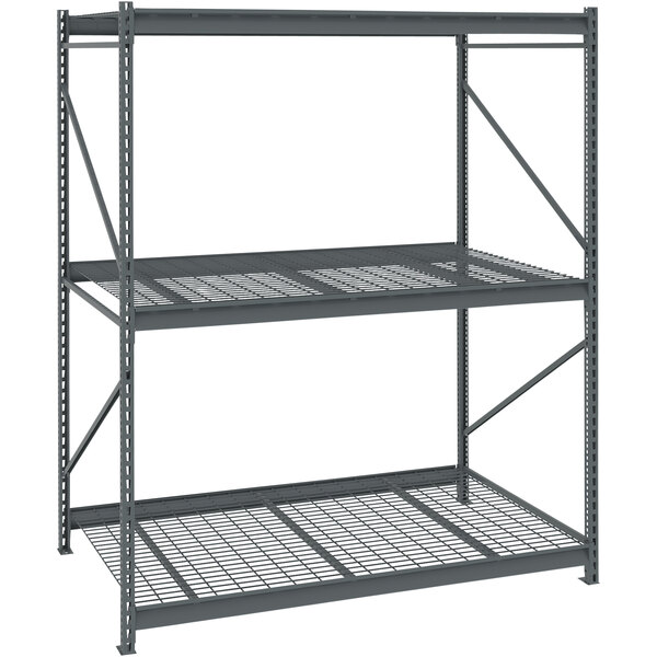 A dark grey Tennsco bulk storage rack unit with wire decking.