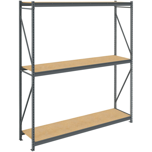 A dark gray Tennsco metal bulk storage rack with particleboard decking on two shelves.