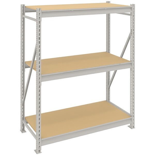 A white and grey rectangular Tennsco bulk storage rack unit with particleboard shelves.