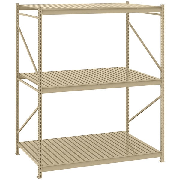 A tan steel Tennsco boltless shelving unit with corrugated decking.