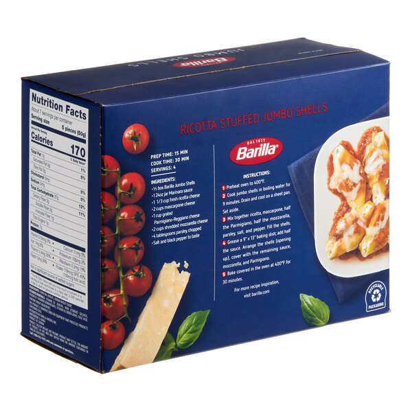 A box of Barilla Jumbo Shells Pasta, 12 oz size.