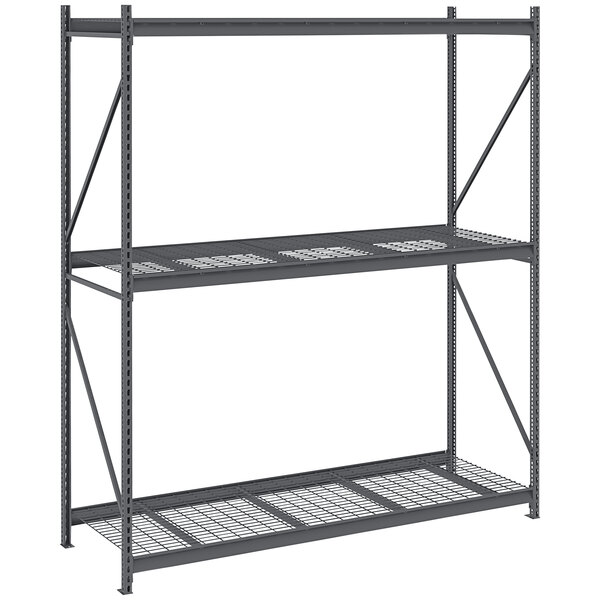 A dark grey Tennsco bulk storage rack unit with wire decking.