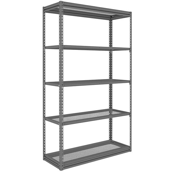 A dark grey Tennsco boltless steel shelving unit with five perforated shelves.