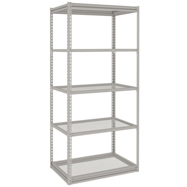 A light grey Tennsco boltless steel shelving unit with five perforated shelves.