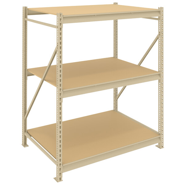 A tan metal Tennsco boltless shelving unit with two shelves.