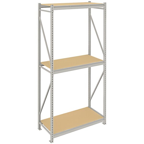 A Tennsco light gray metal bulk storage rack with particleboard shelves.