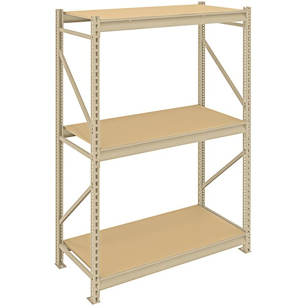 A tan metal Tennsco boltless shelving unit with two shelves.