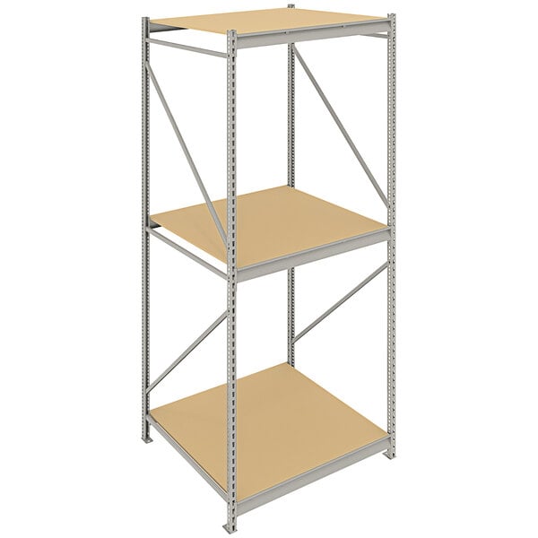 A Tennsco light gray metal bulk storage rack unit with shelves.