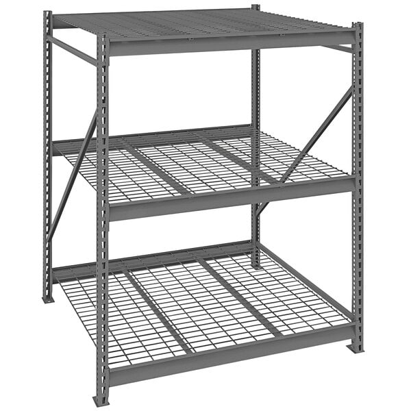 A dark grey metal Tennsco boltless shelving unit with wire decking on three shelves.