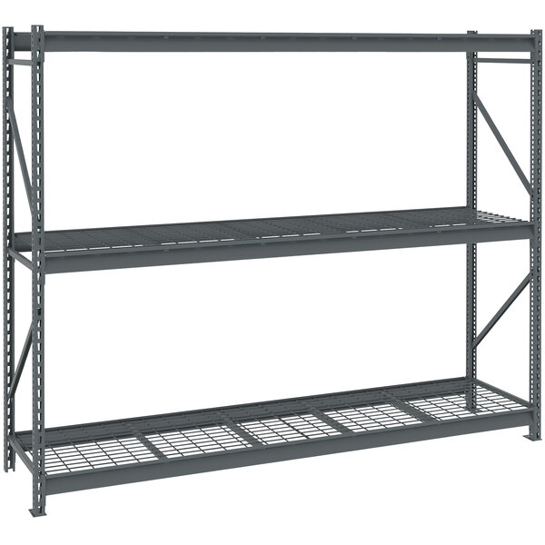 A dark gray Tennsco boltless shelving unit with wire decking.